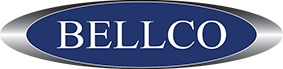 The Bellco logo rendered in metallic silver lettering on a blue background