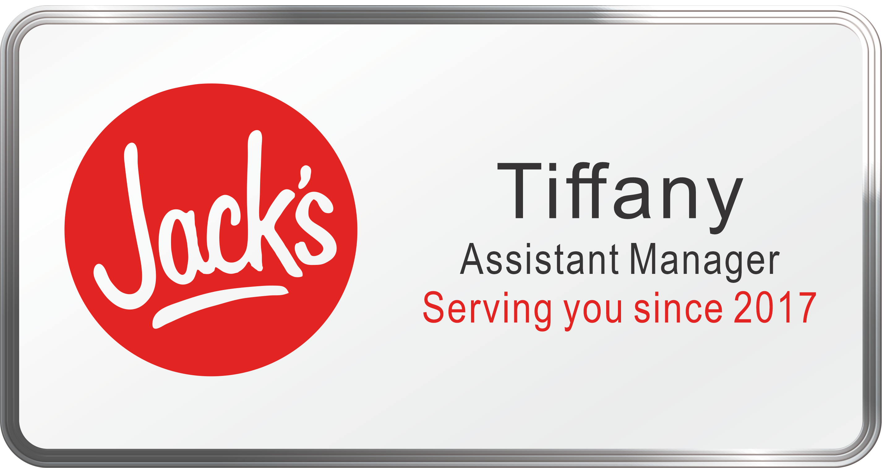 Employee name badge featuring logo for Jack's Restaurant