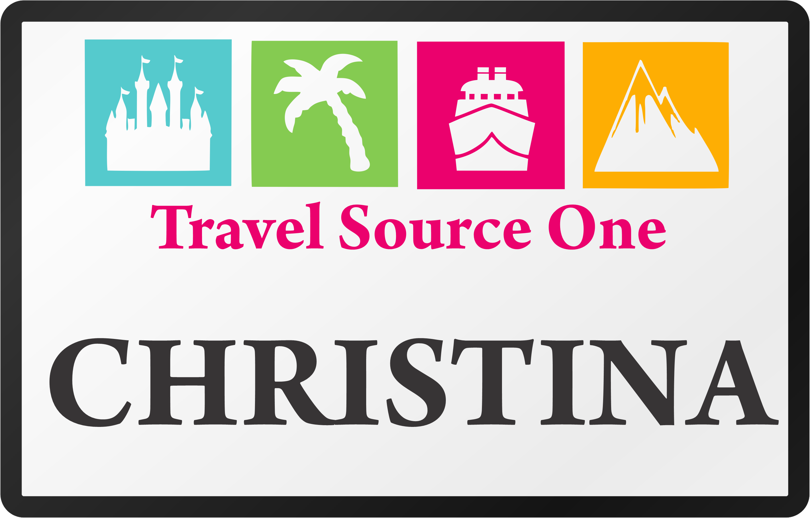 Name badge for Travel Source One rendered in four colors