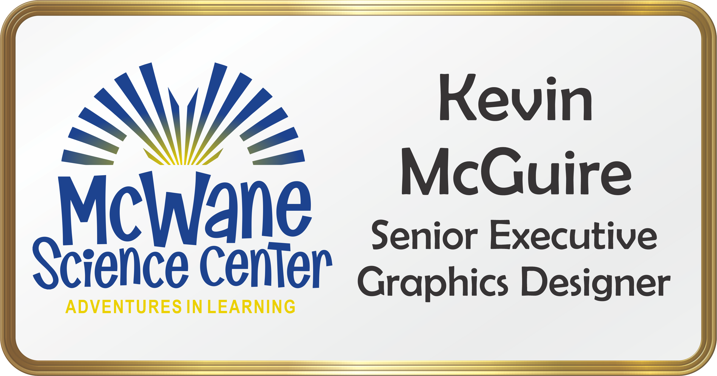 Name tag featuring the logo for McWane Science Center rendered in Blue and Yellow