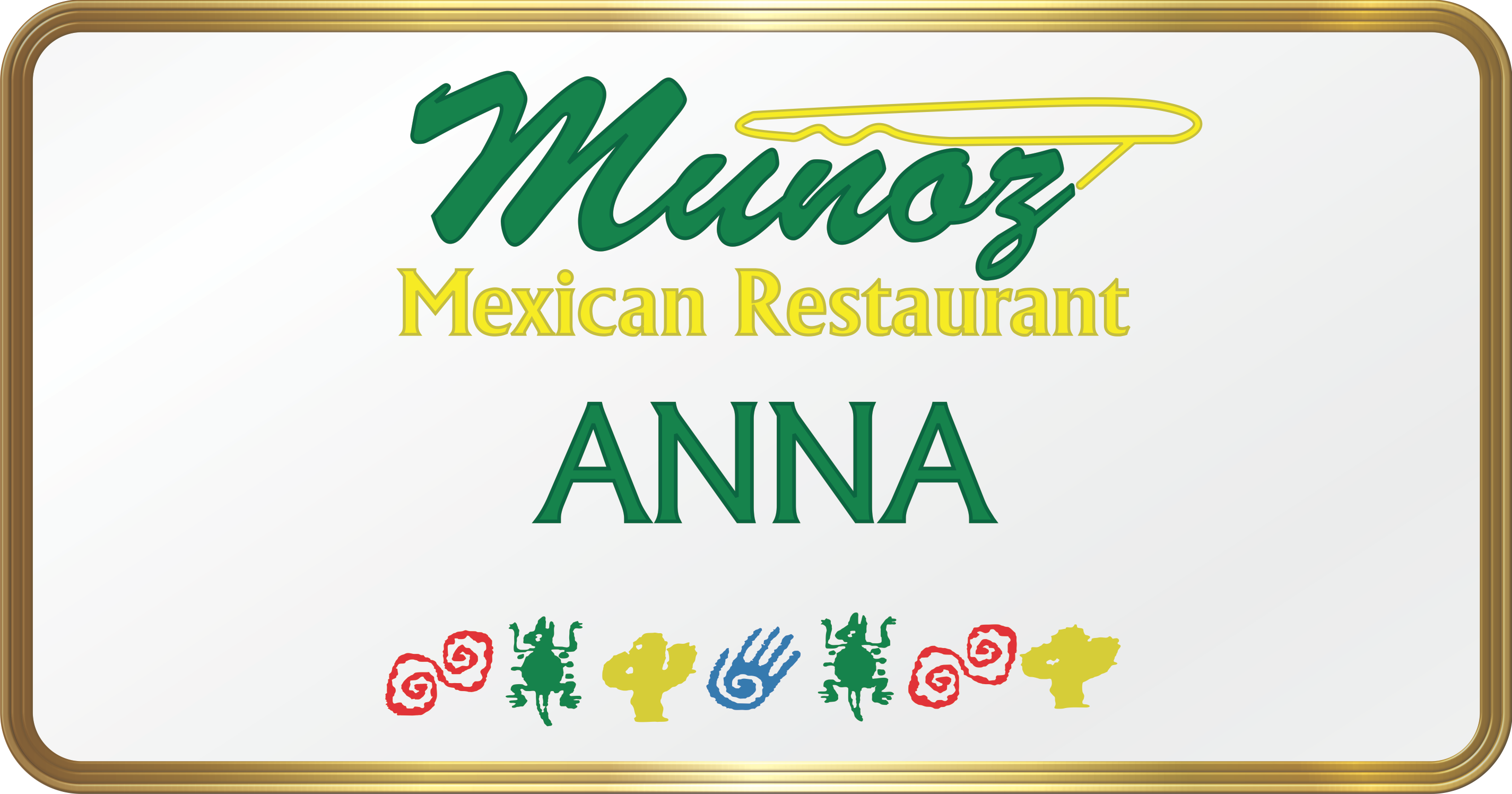 An employee badge for Munoz Mexican Restaurant rendered in multiple colors