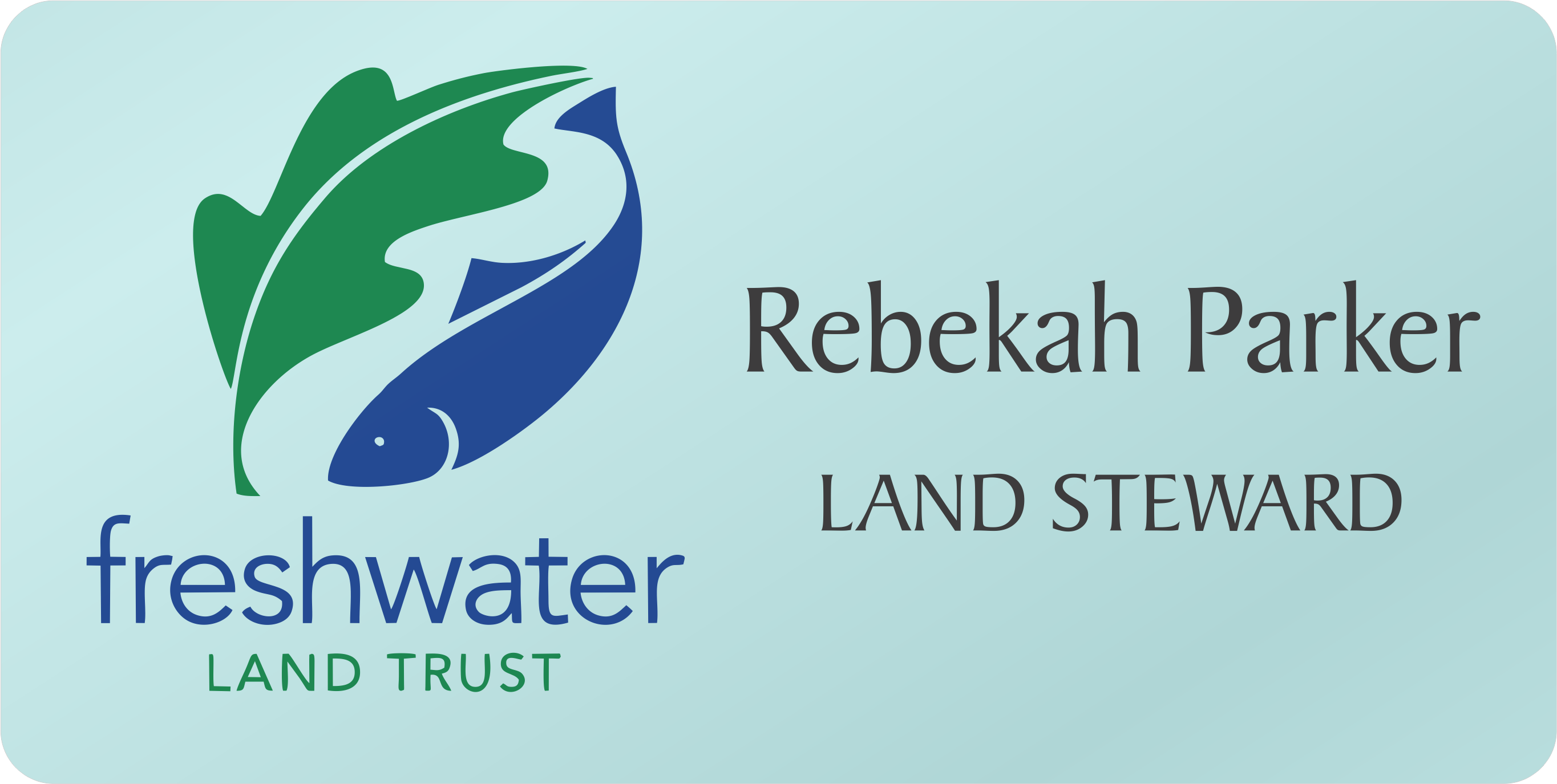 A business card featuring the logo for the Freshwater Land Trust in blue and green