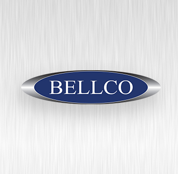 The Bellco logo rendered in metallic silver lettering on a blue background