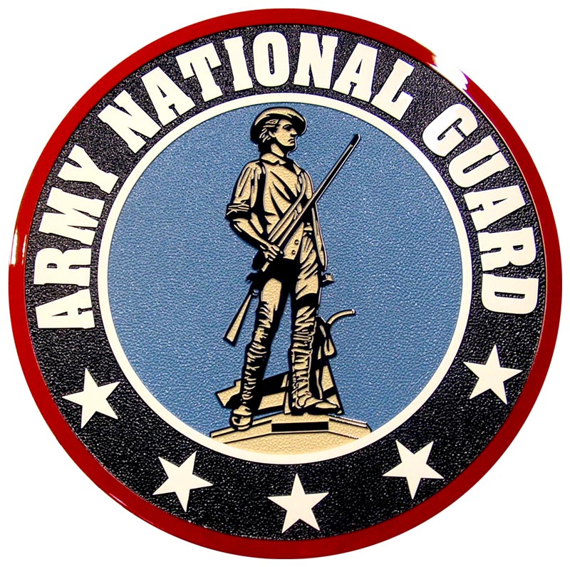 An embossed metal rendering of the Army National Guard logo