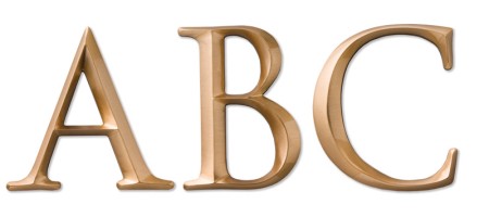Gold 3 dimensional letters "A, B, C"
